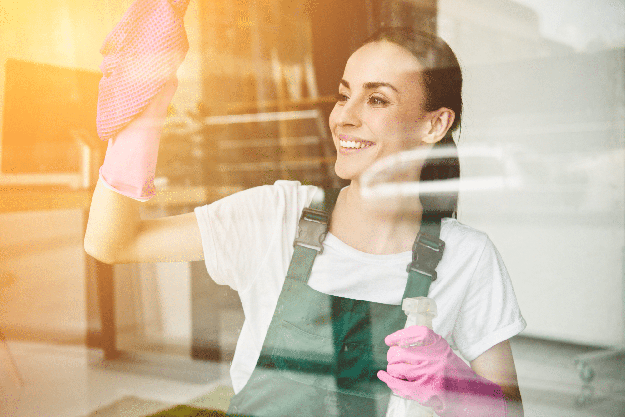 A woman in a green overall and pink gloves cleaning a window - temporary cleaning jobs Indeed Flex